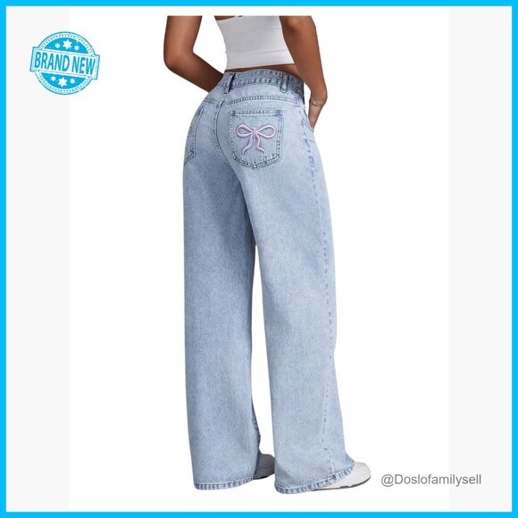Y2K Low Rise Wide Leg Boyfriend Jeans Bow Embroidery Straight Leg Denim - Picture 7 of 7